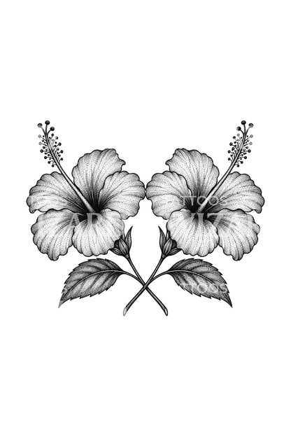 Peilatut hibiskukset, dotwork-tatuointisuunnitelma