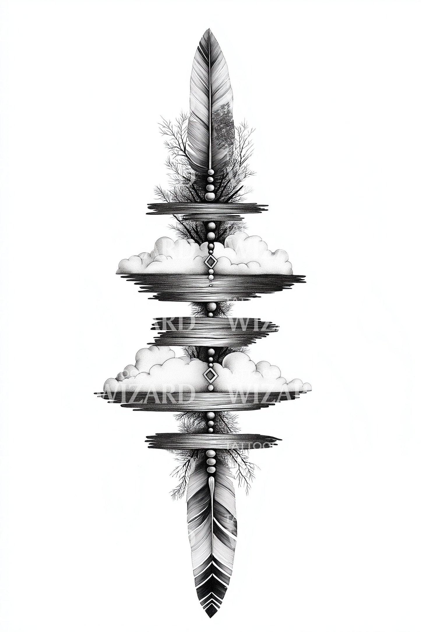 Mirrored Horizon Feather Totem Tattoo Design