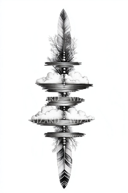 Mirrored Horizon Feather Totem Tattoo Design