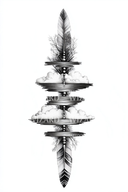Mirrored Horizon Feather Totem Tattoo Design