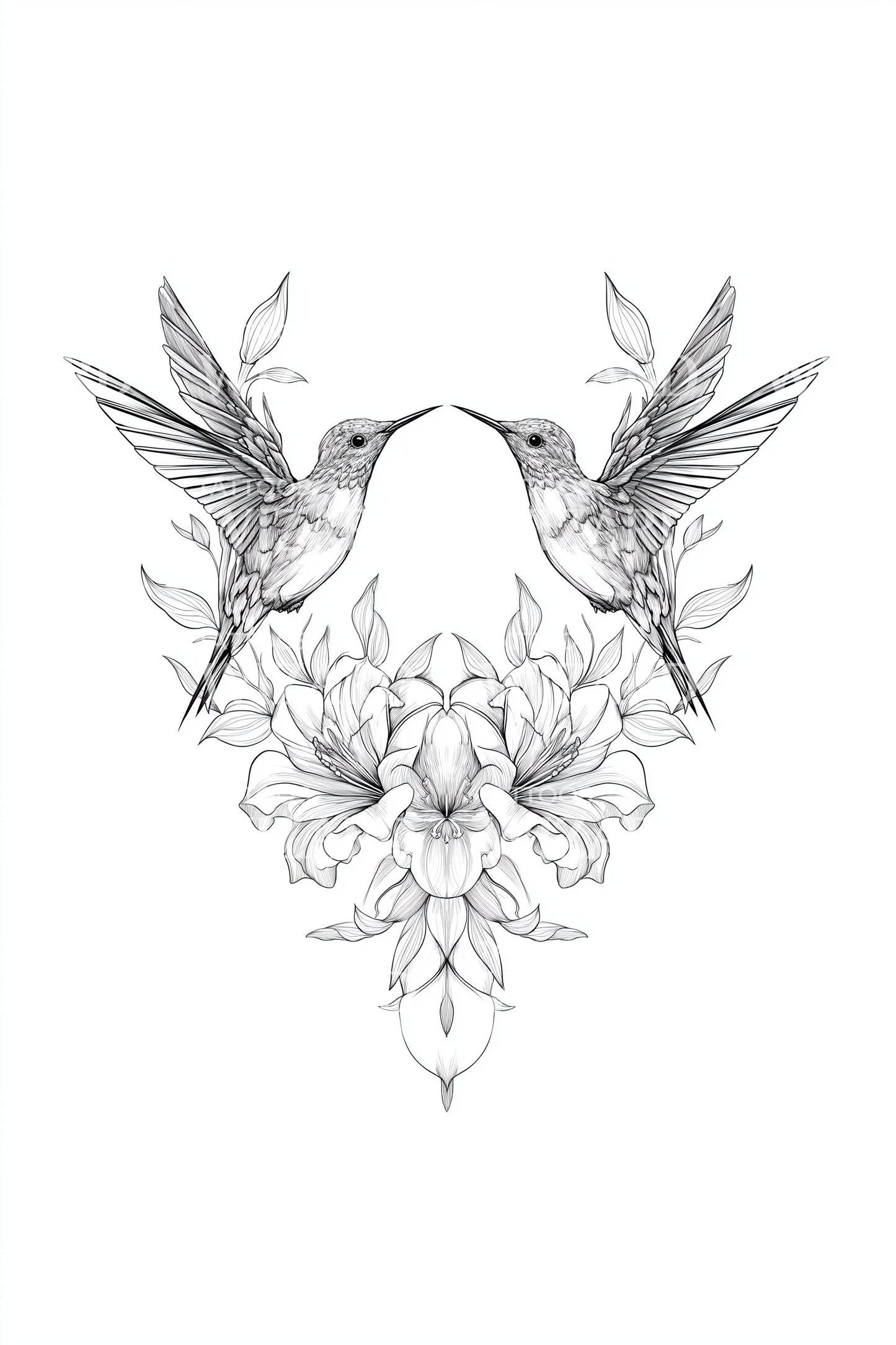 Mirrored Hummingbirds Bouquet Tattoo Design