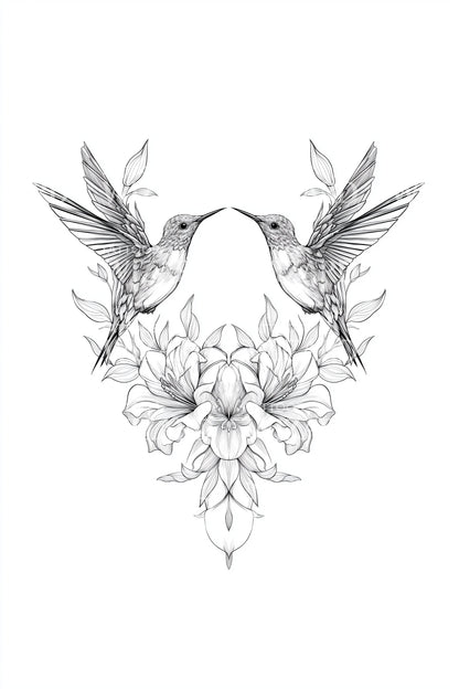 Mirrored Hummingbirds Bouquet Tattoo Design