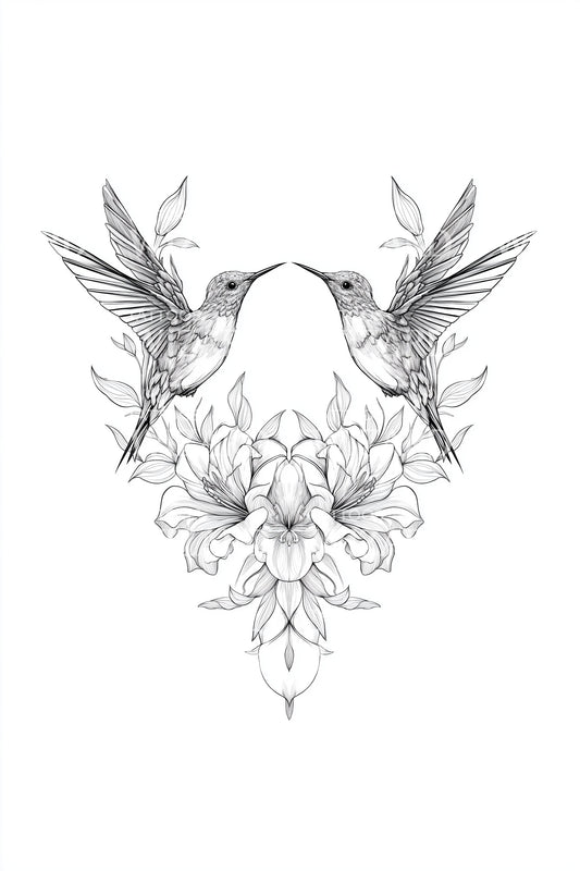 Mirrored Hummingbirds Bouquet Tattoo Design