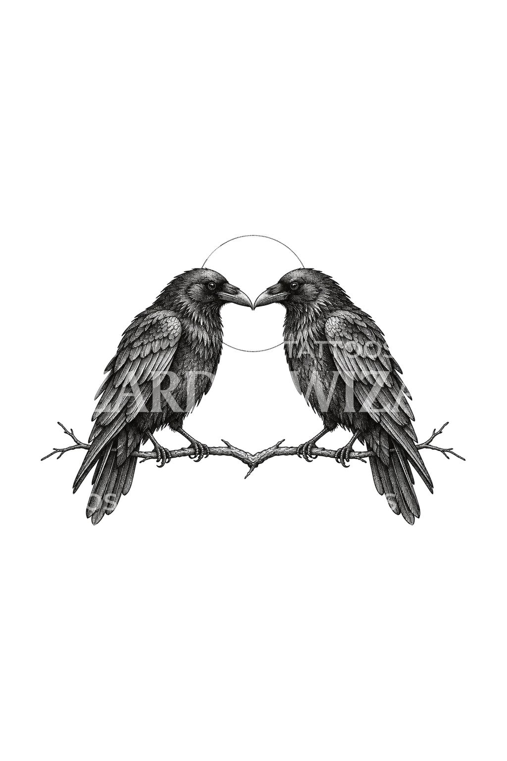Mirrored Ravens on a Branch Tattoo Design