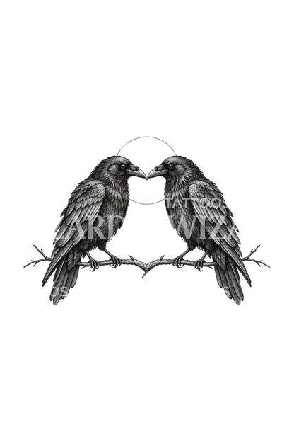 Mirrored Ravens on a Branch Tattoo Design