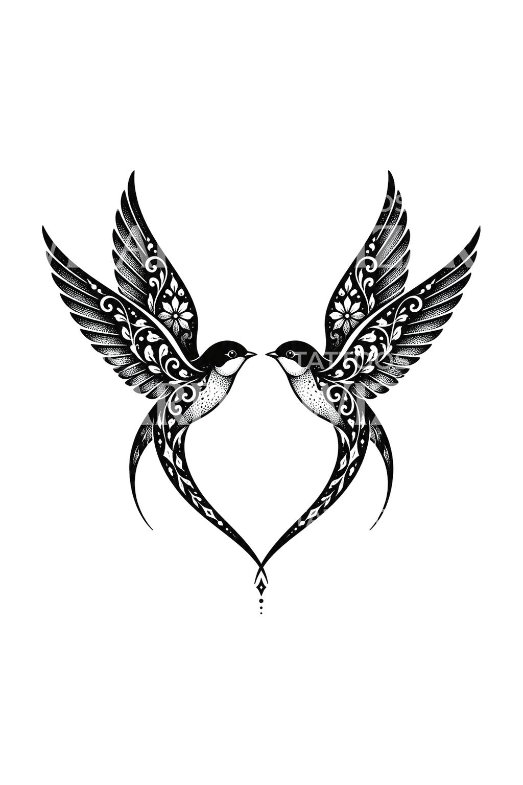 Tatuagem blackwork de coração com par de andorinhas espelhadas