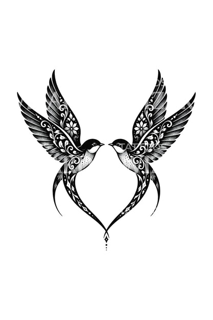 Tatuagem blackwork de coração com par de andorinhas espelhadas