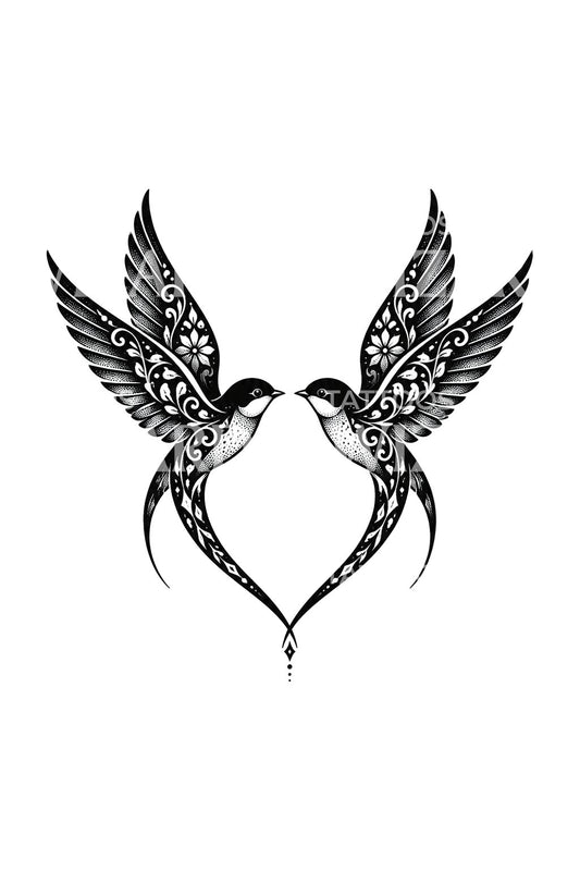 Mirrored Swallow Pair Heart Blackwork Tattoo Design