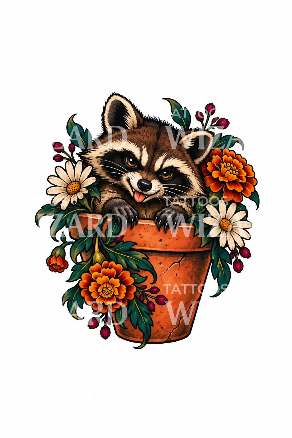 Tatoveringsdesign med en rampete vaskebjørn i en blomsterpotte
