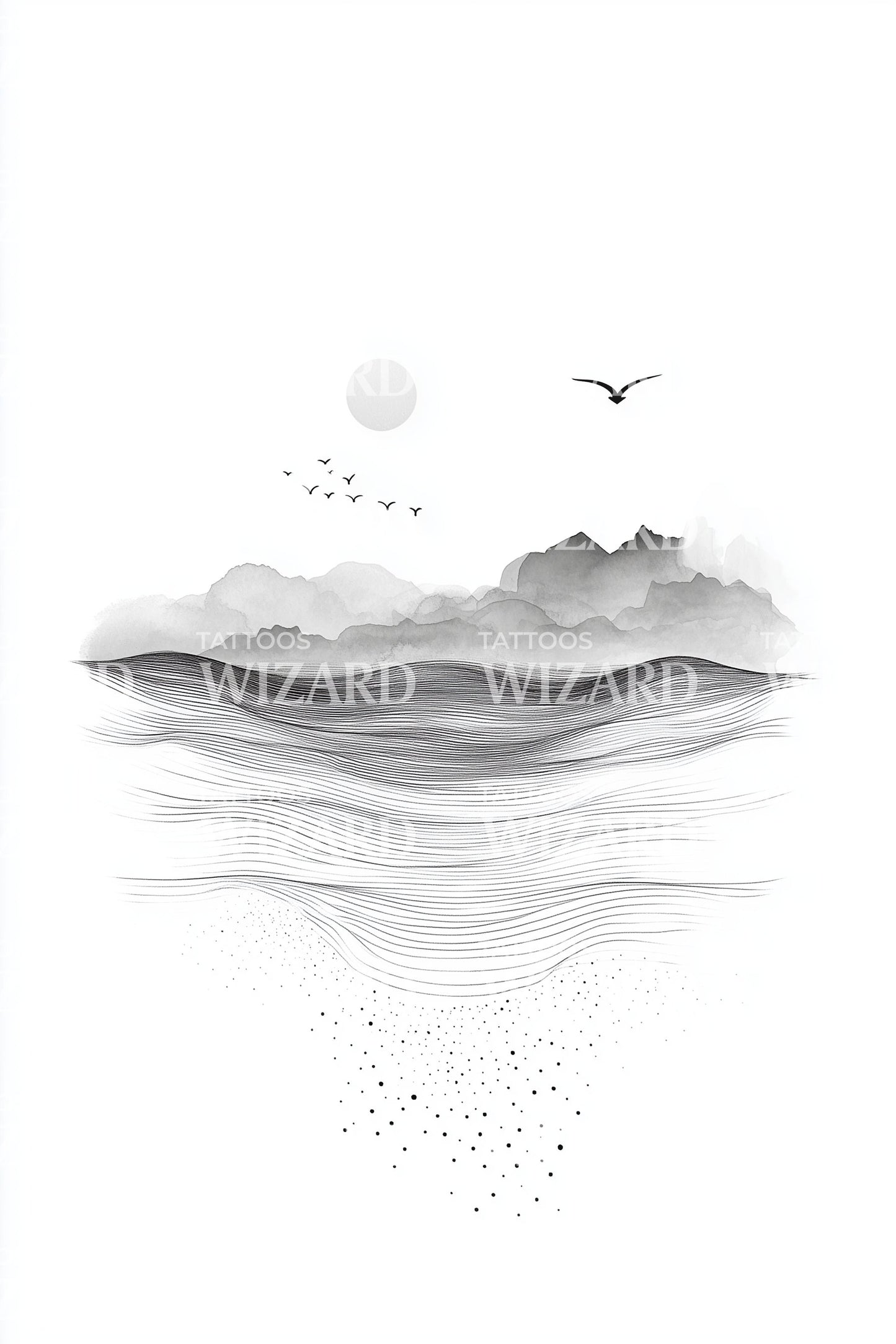 Misty Horizon Seascape Tattoo Design