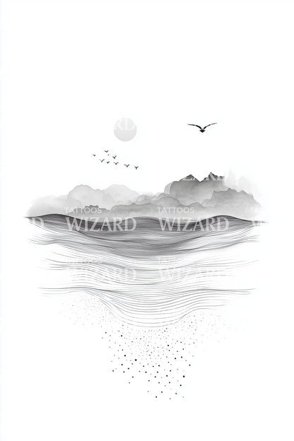 Misty Horizon Seascape Tattoo Design