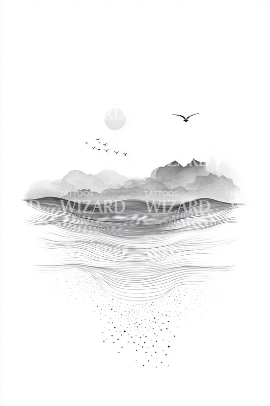 Misty Horizon Seascape Tattoo Design