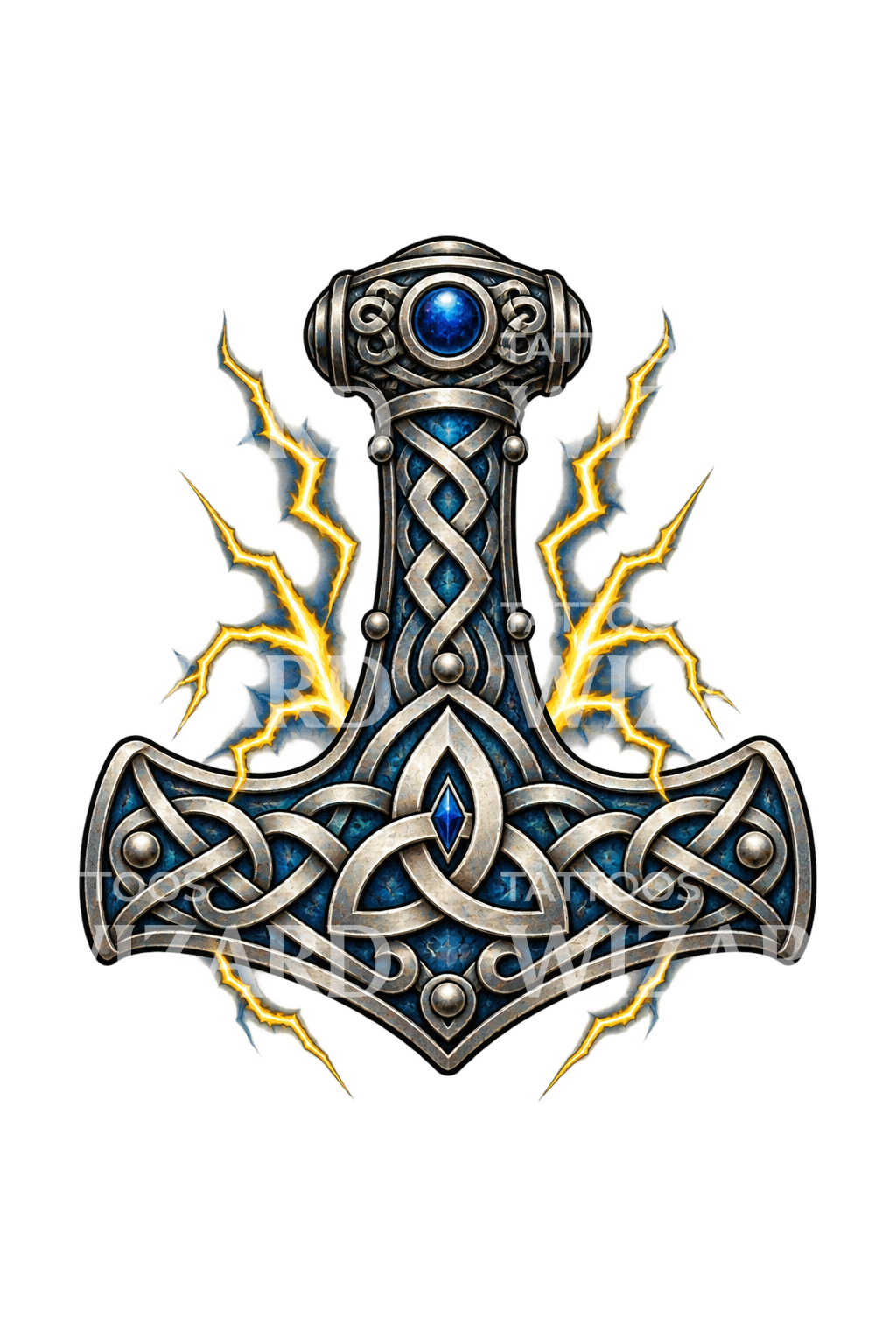 Tatuagem amuleto de Mjolnir, martelo de Thor, com nós e relâmpagos