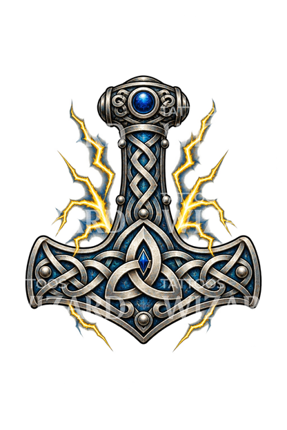 Tatuagem amuleto de Mjolnir, martelo de Thor, com nós e relâmpagos