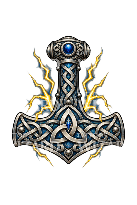Mjolnir-amulet-tattoo met knoopwerk en bliksems