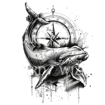 Whale and Compass Tattoo Design
