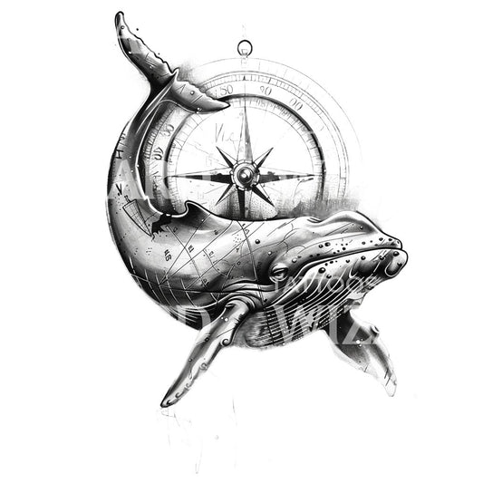 Whale and Compass Tattoo Design