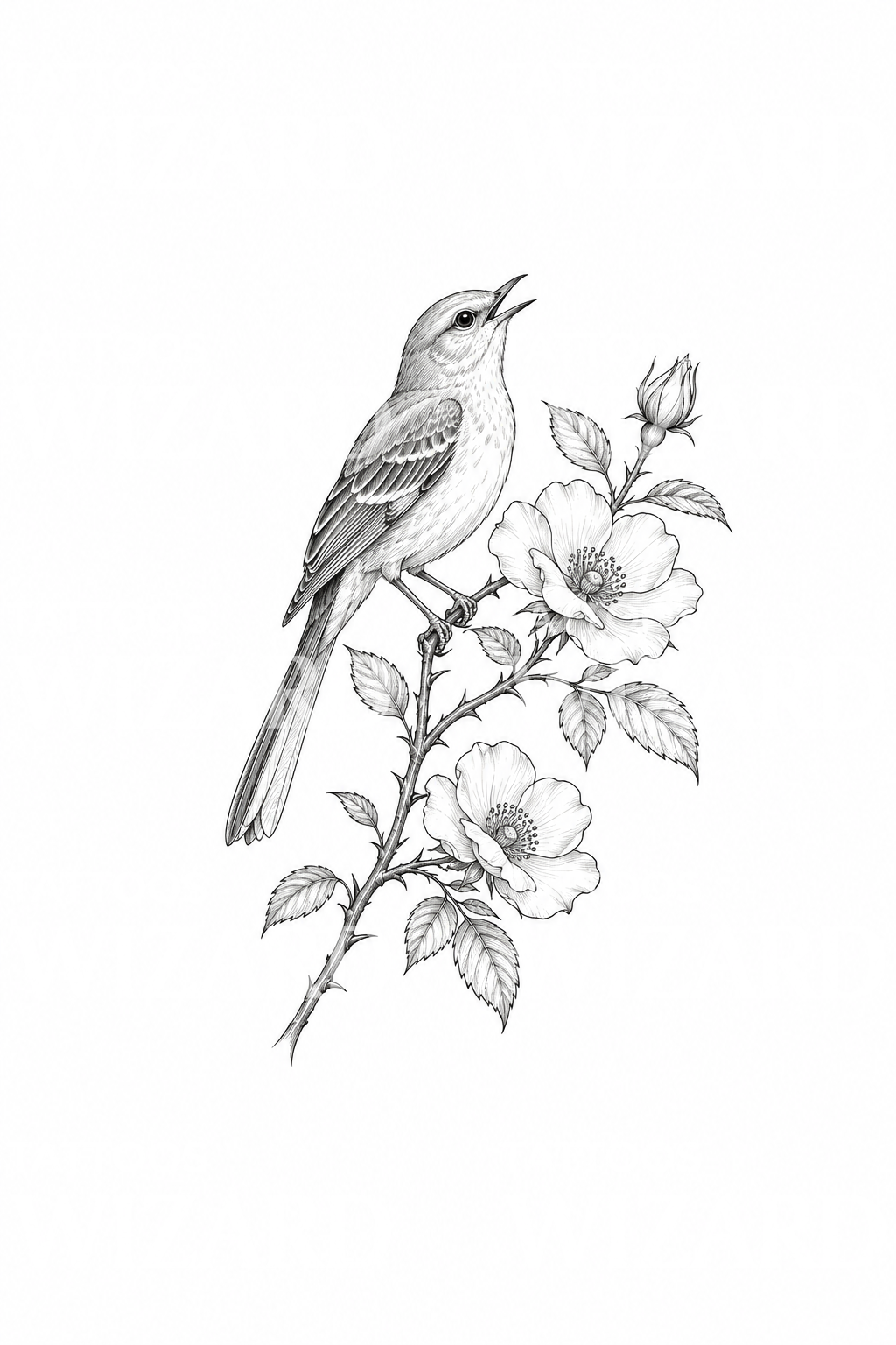 Mockingbird on Wild Rose Tattoo Design