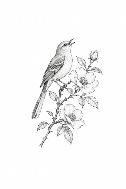 Mockingbird on Wild Rose Tattoo Design