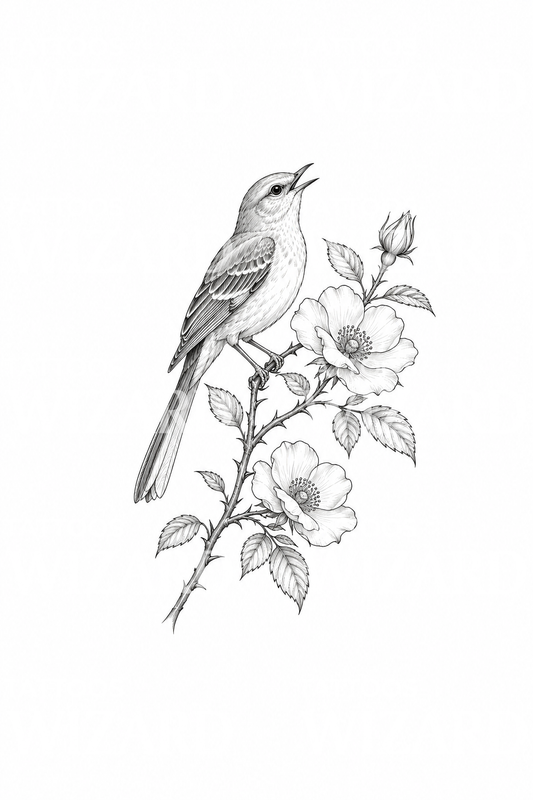 Mockingbird on Wild Rose Tattoo Design
