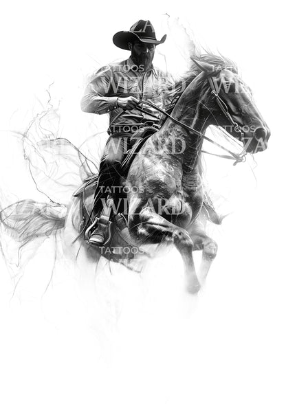 Modern Cowboy Riding Horse Tattoo Design