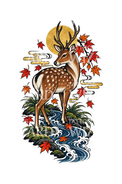 Illustrazione per tatuaggio giapponese di cervo maculato presso il ruscello momiji