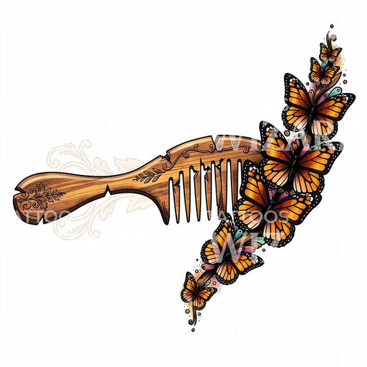 Diseño de Tatuaje Peine y Mariposas Monarca