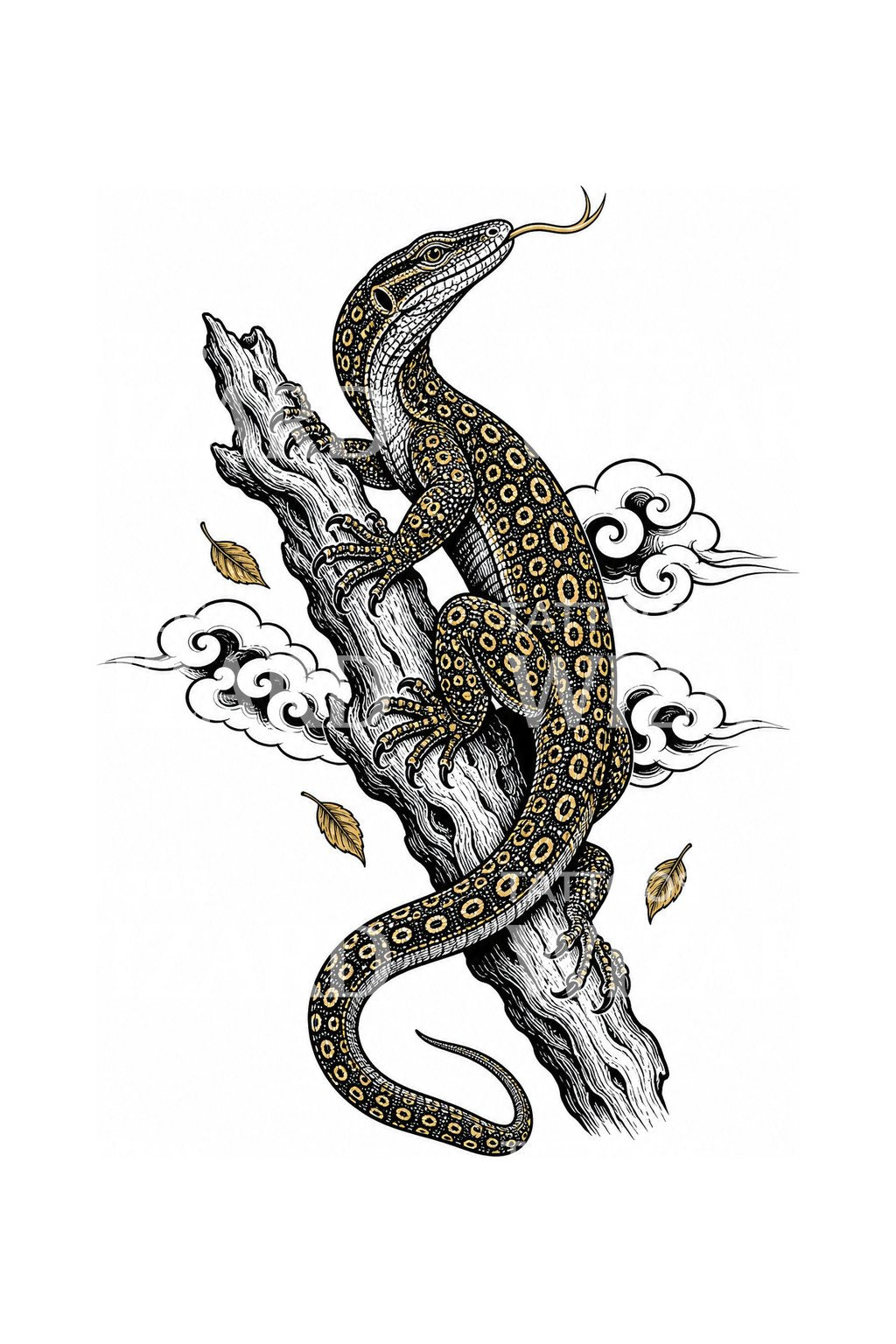 Tattoo-Design eines Warans auf einem Ast