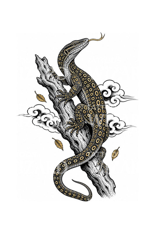 Diseño de tatuaje de un varano en una rama