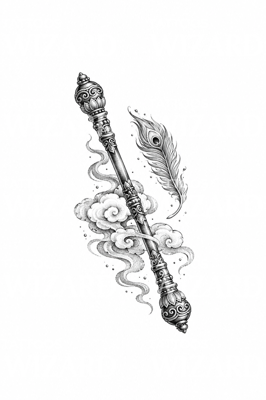 Dotwork-tatoeage van de Apenkoning met gouden staf op een wolk