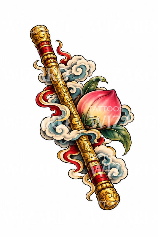 Monkey King Golden Staff with Peach Tattoo Design