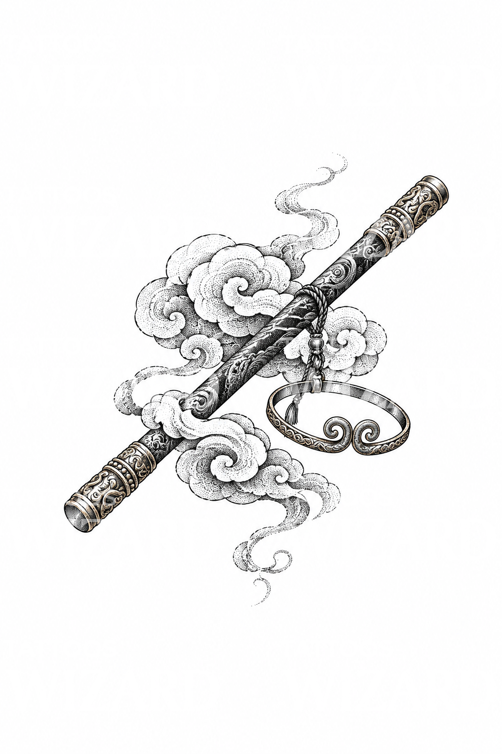 Monkey King Iron Staff and Cloud Stippled Tattoo