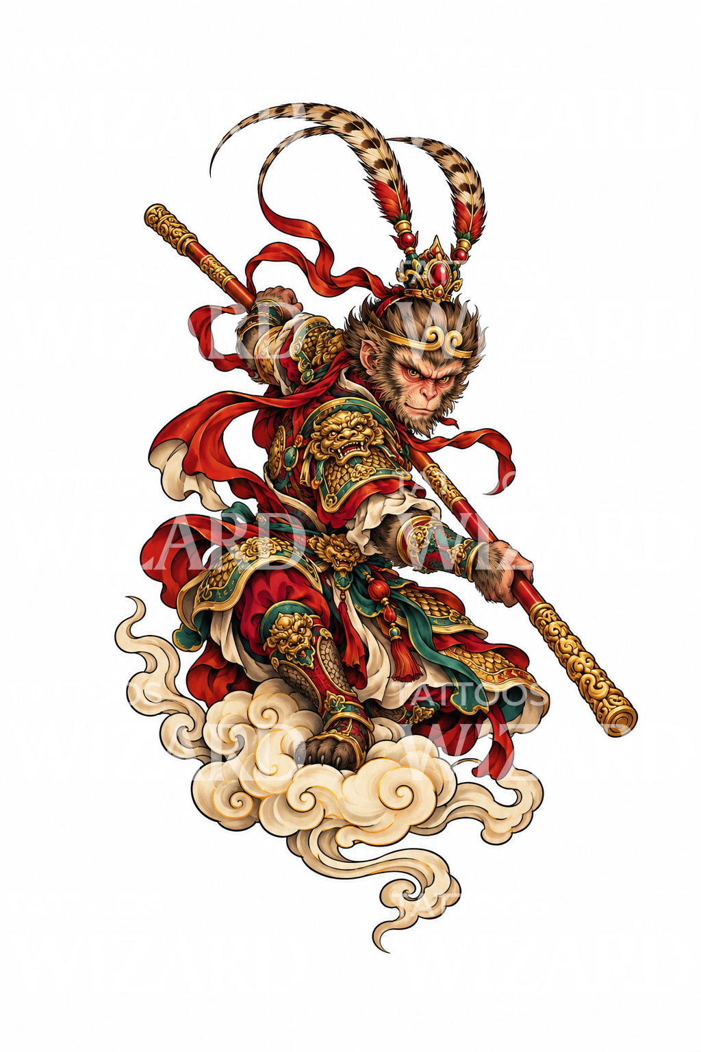 Monkey King on Golden Cloud Tattoo Design