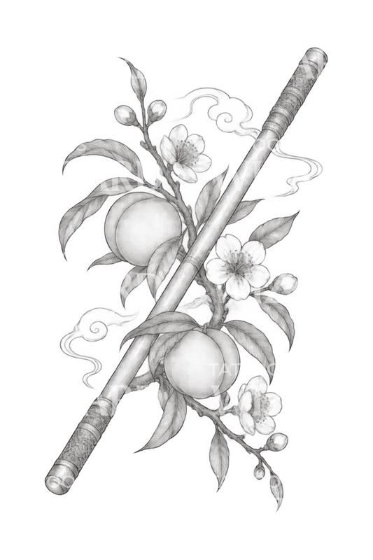 Monkey King Staff with Peach Branch Tattoo