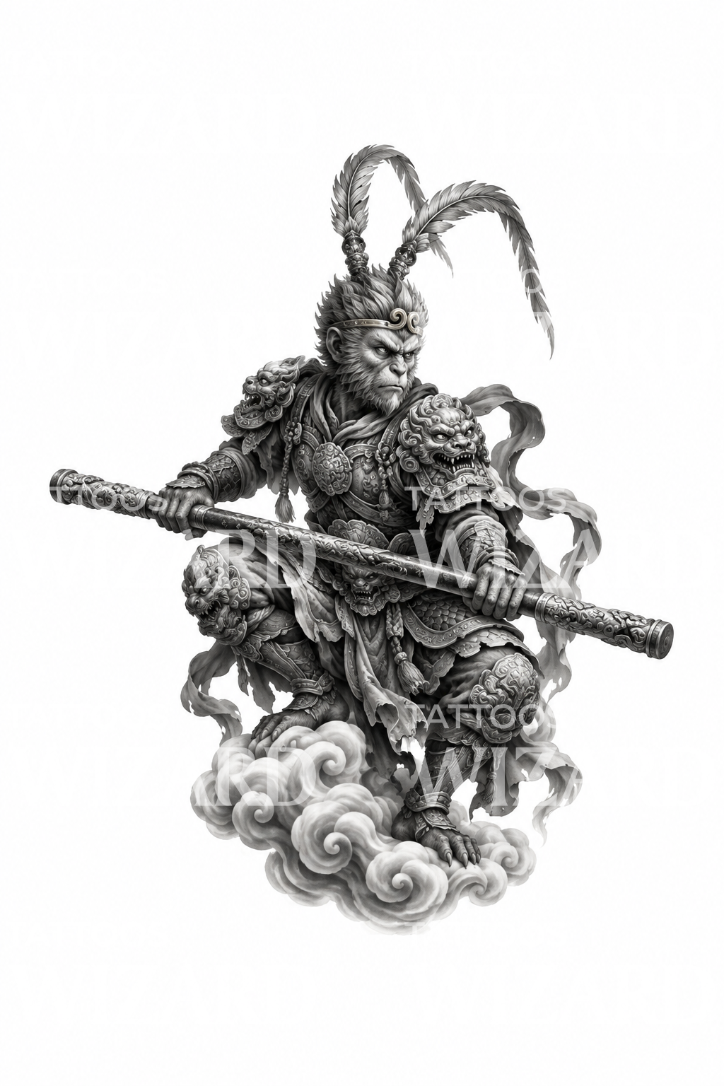Steinstatue des Affenkönigs auf einer Wolke, Tattoo-Design