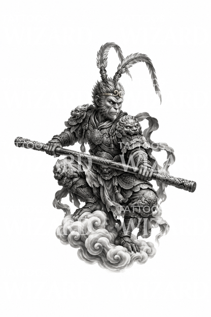 Steinstatue des Affenkönigs auf einer Wolke, Tattoo-Design