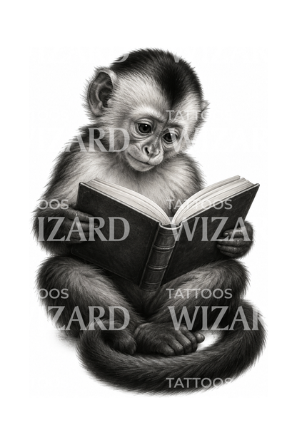 Monkey Reading a Book Realism Tattoo