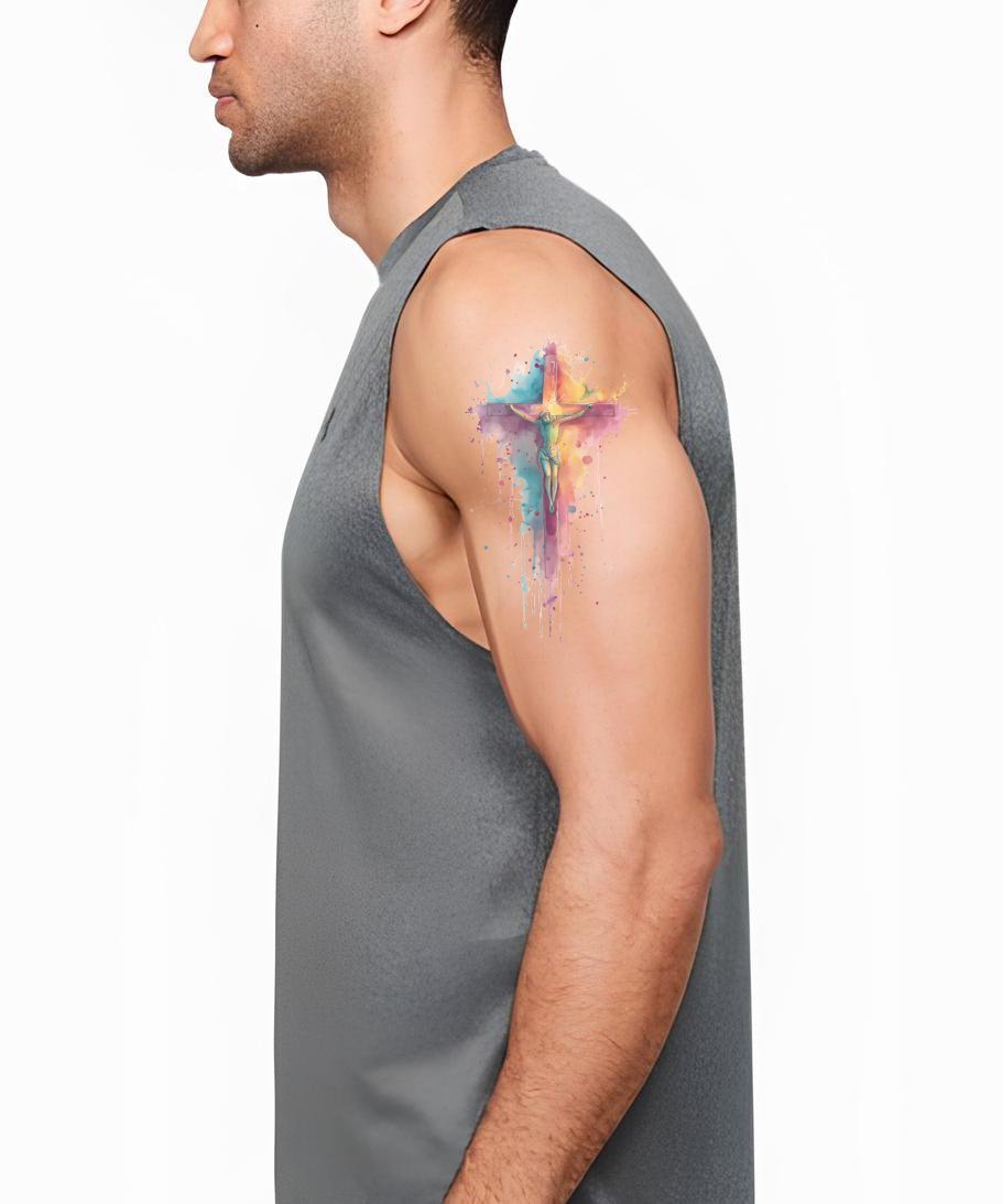 Monochrome Wave Cross Tattoo Design