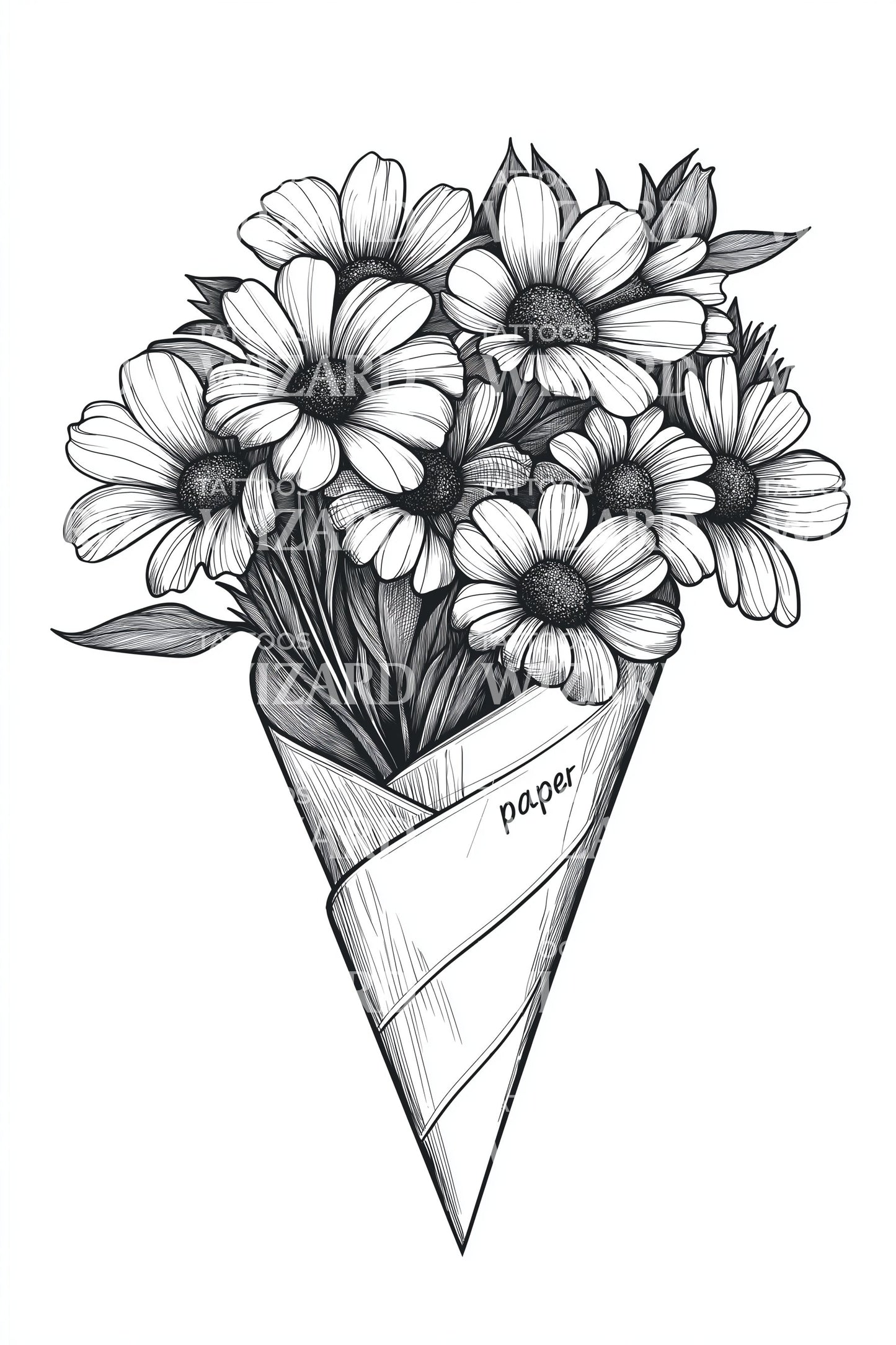 Monochrome Cone Bouquet Tattoo Illustration