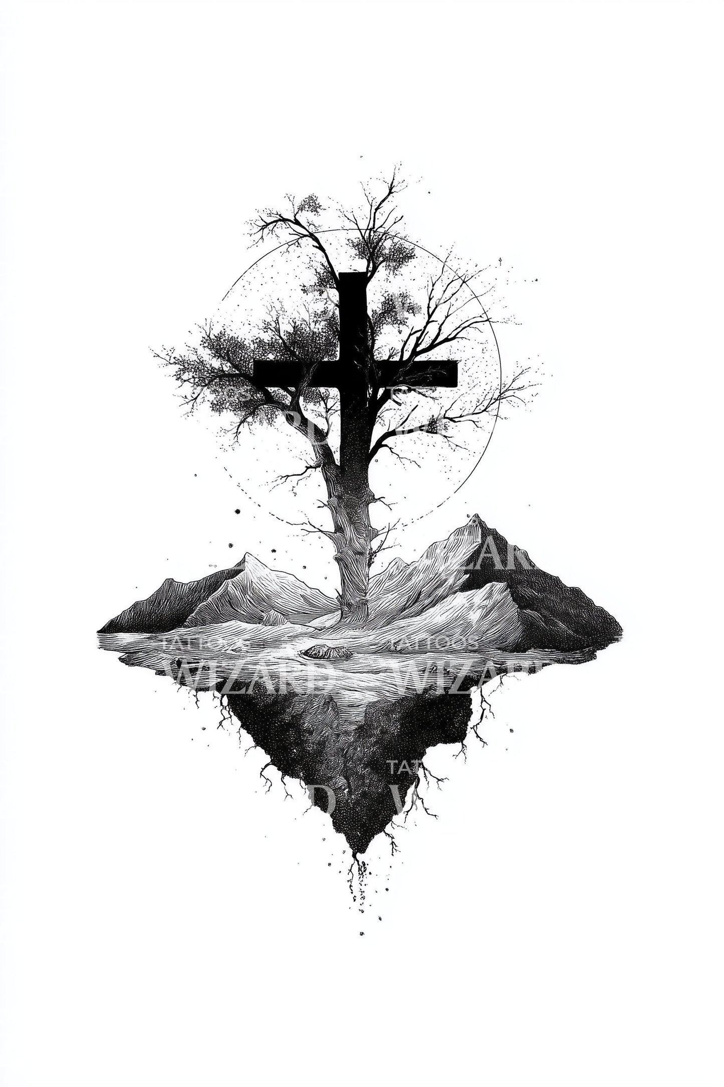 Monochrome Cross Isle Tattoo Illustration