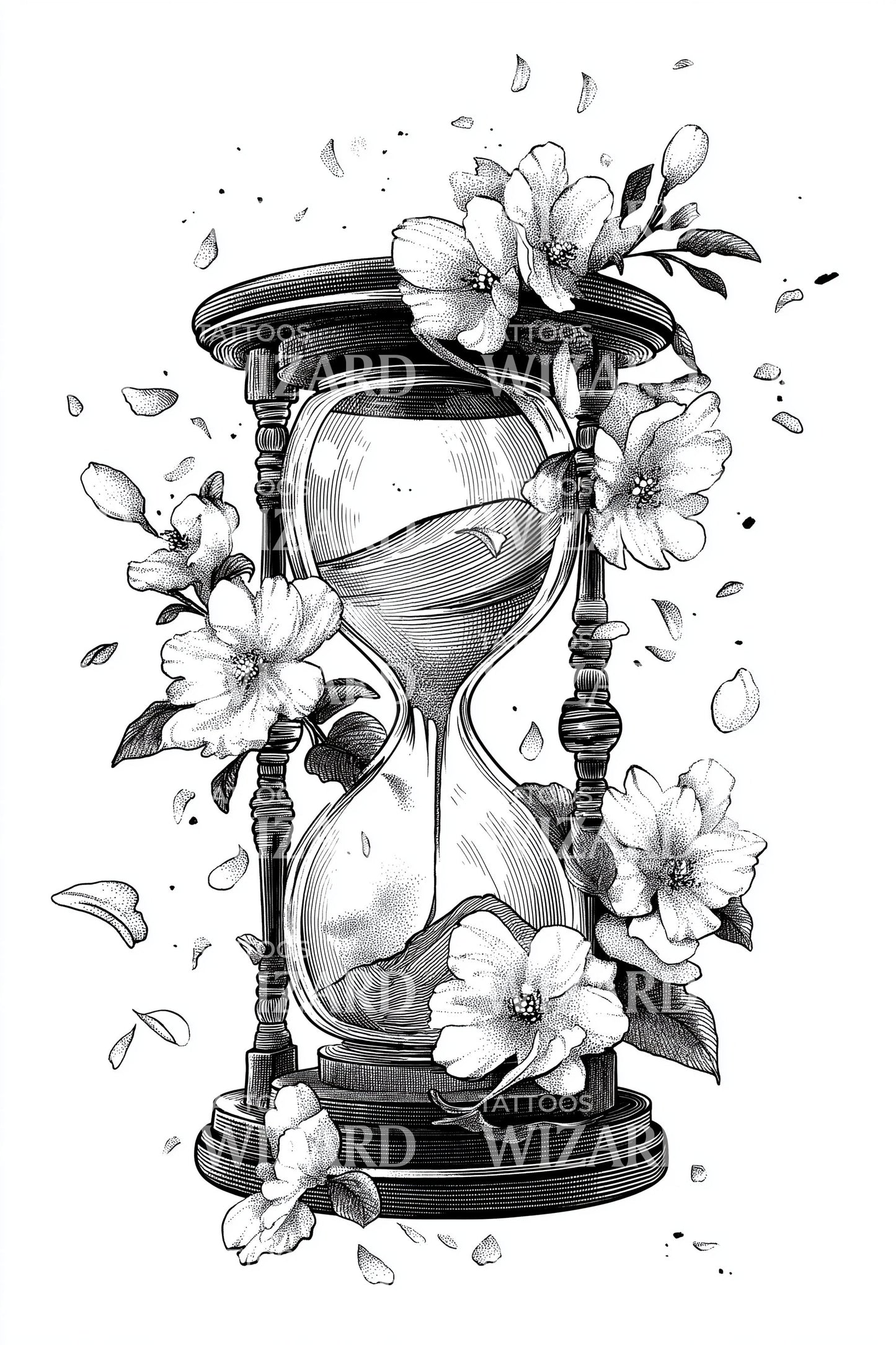 Monochrome Floral Hourglass Tattoo Design