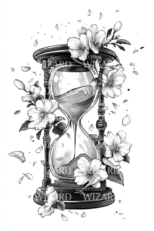 Monochrome Floral Hourglass Tattoo Design