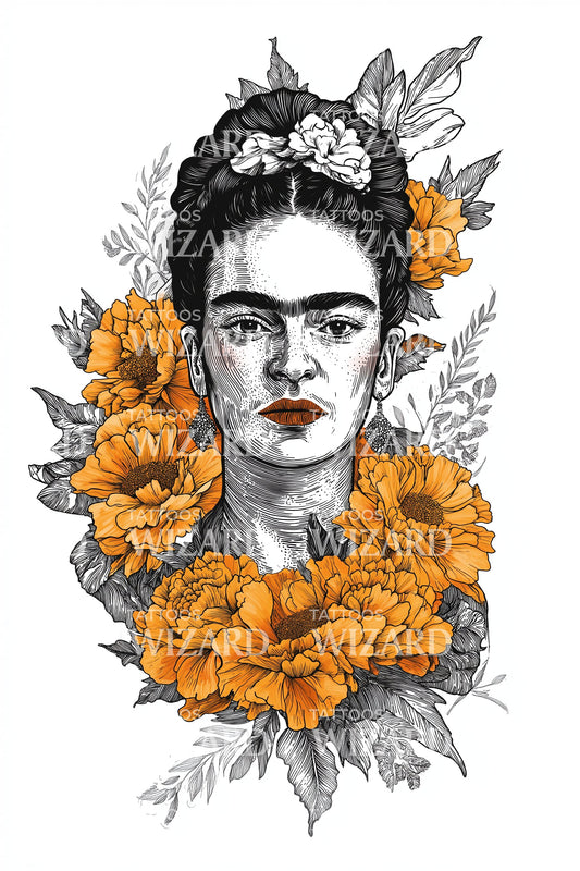 Design del tatuaggio monocromatico di calendule di Frida