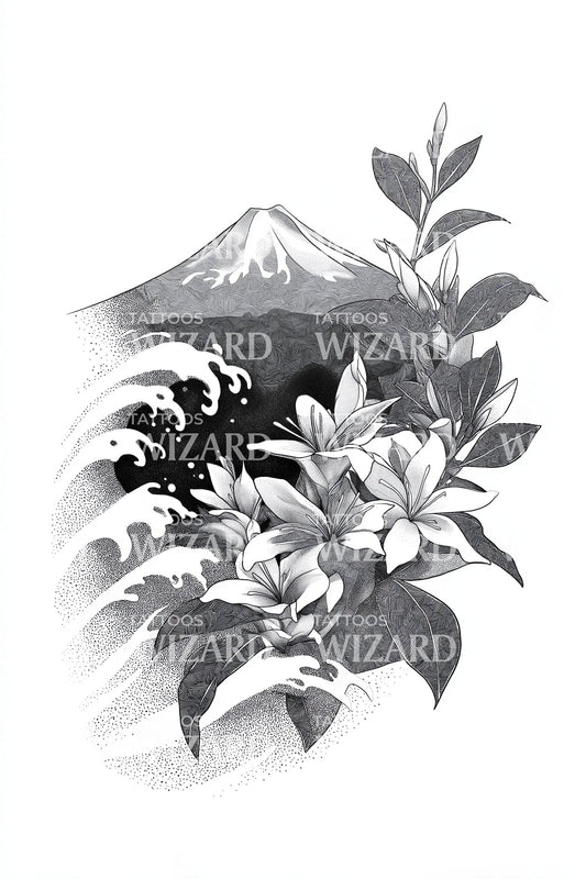 Идея татуировки монохромной вершины Фудзи