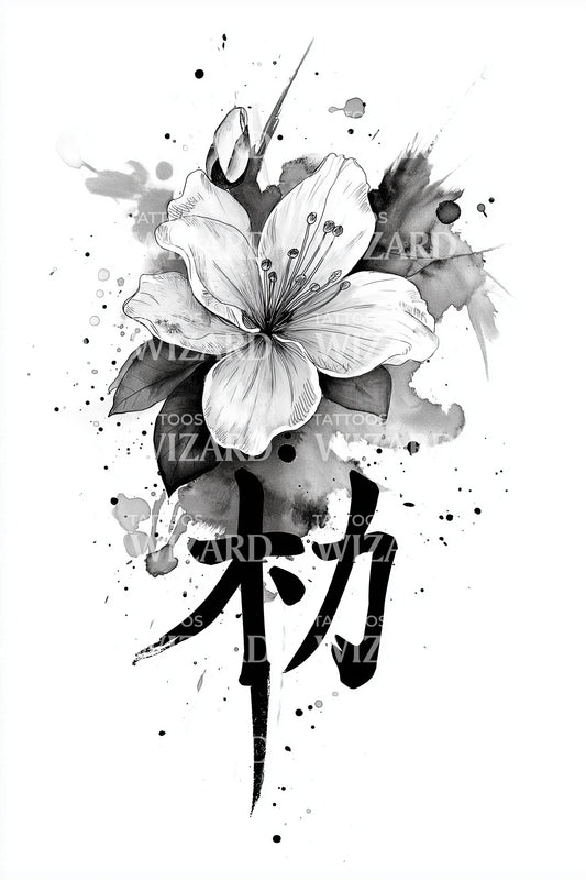 Monochromatický Kanji jasmínový tetovací motiv