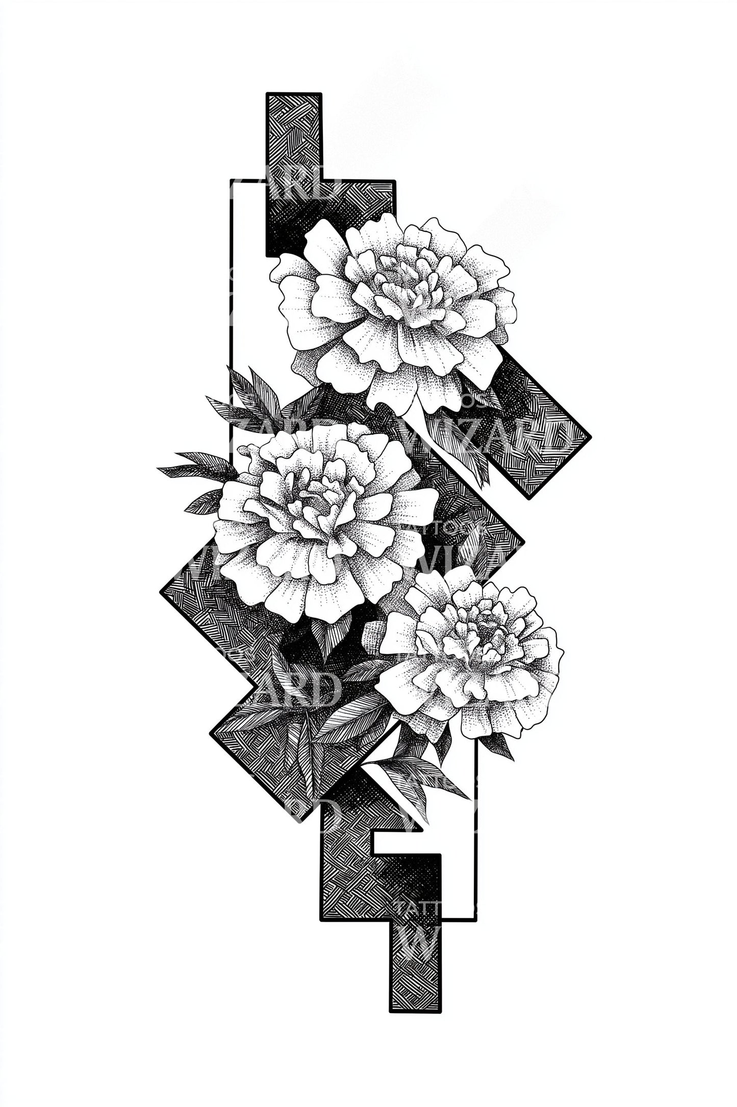 Monochrome Pfingstrosen-Blöcke Tattoo-Design