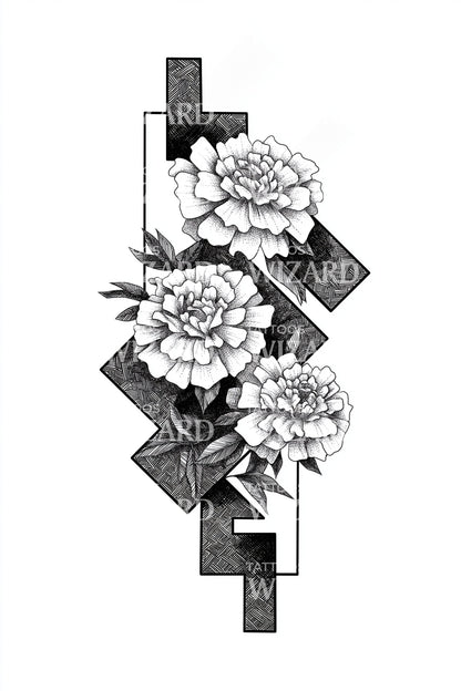 Monochrome Pfingstrosen-Blöcke Tattoo-Design