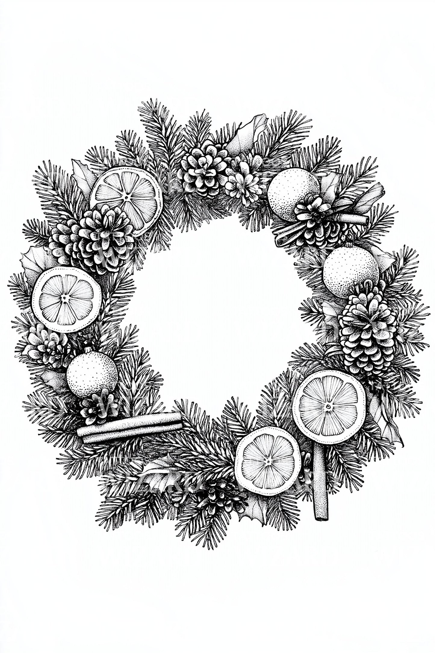 Monochrome Pinecone Winter Wreath Tattoo Design