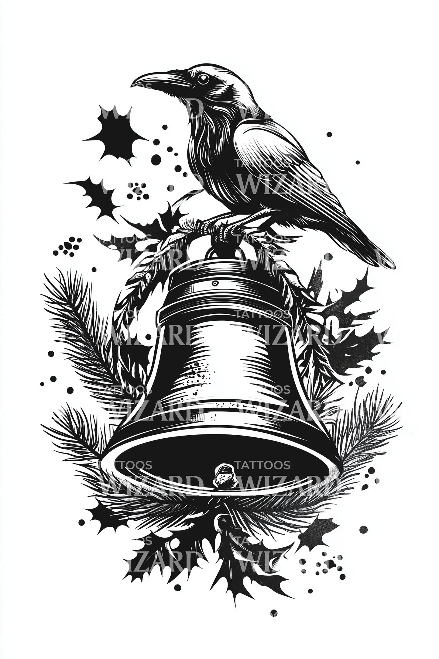 Monochrome Raven Bell Tattoo Design