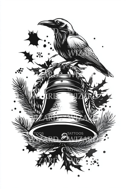 Monochrome Raven Bell Tattoo Design
